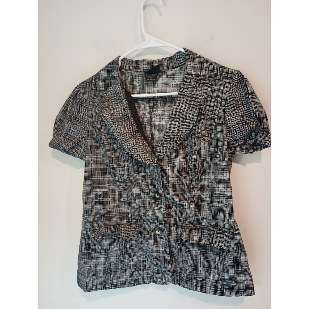 JKLA California Women Short Sleeve Blazer Jacket Large Black White Abstract Grid
